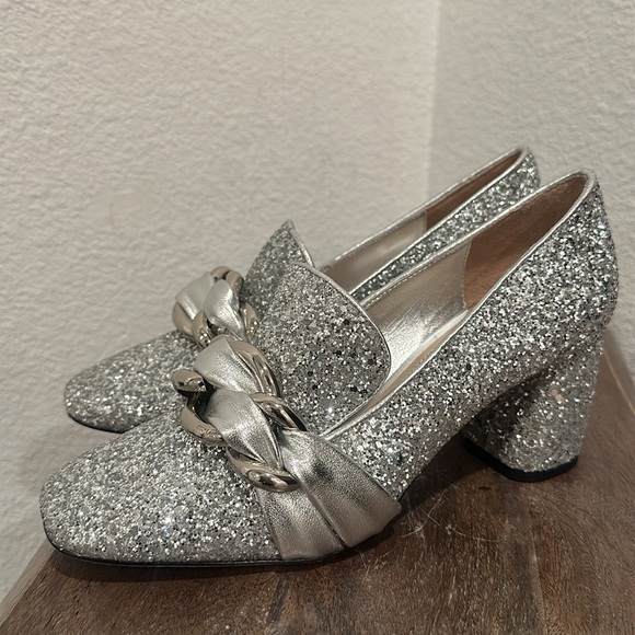 Miu Miu Vernice 2 Metallic Diamond Glitter Loafers Pumps Silver Size 38 US 7.5 - Picture 5 of 13